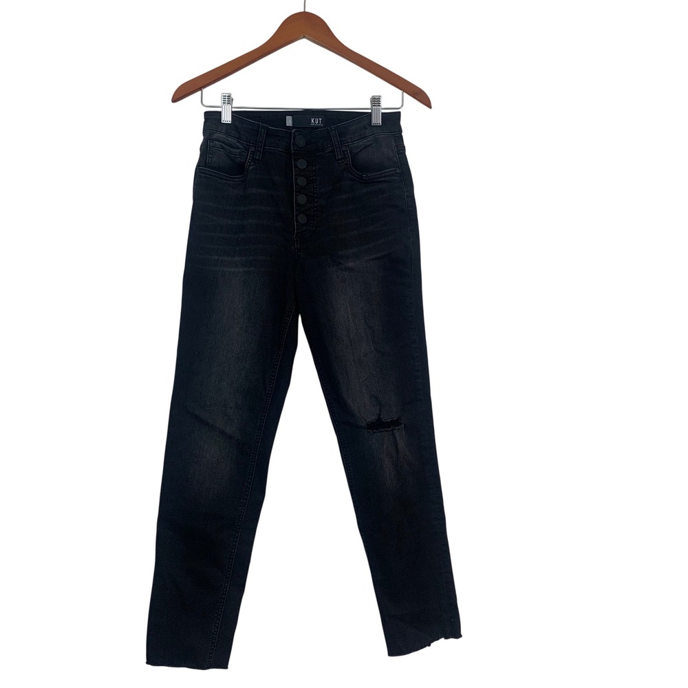 Kut from the Kloth Rachael Fab Ab Mom Jeans Black Distressed Button Fly Size 2